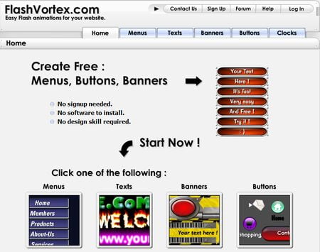 FlashVortex: App online para crear Menus, Botones, Textos y Banners en Flash