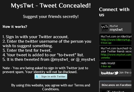 MysTwt, Envio de tweets anonimos