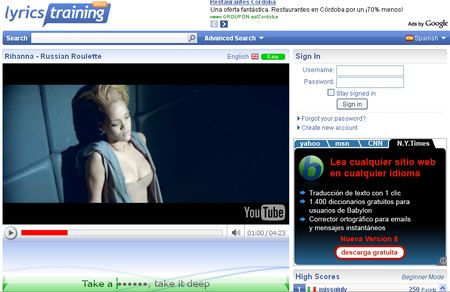 Lyrics Training, Aprende o mejora tu ingles con letras de canciones