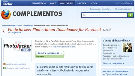 PhotoJacker, Descarga albumes completos de fotos en Facebook con esta extension para Firefox
