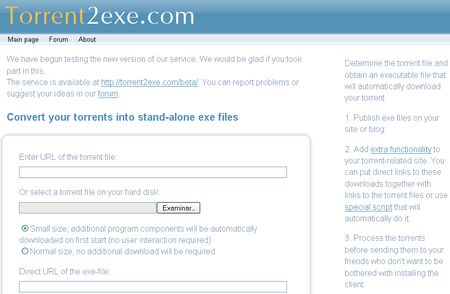 Torrent2Exe, Convierte torrents en exe para luego realizar descargas sin programa cliente