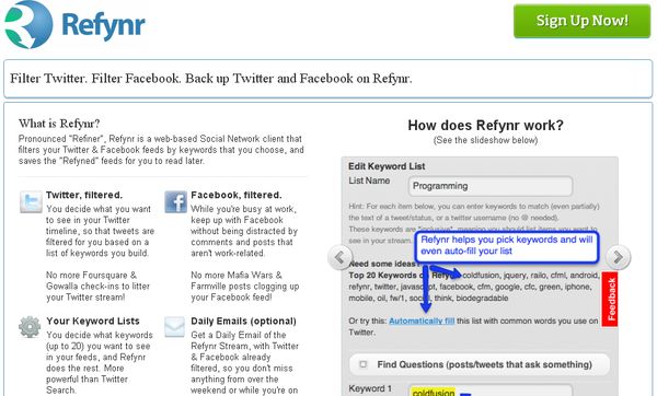 Refynr, Filtra las actualizaciones de Twitter y Facebook que quieres ver