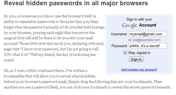Reveal Passwords, Revela cualquier contraseña olvidada con este Bookmarklet