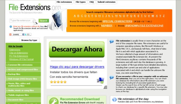 File-Extensions, extensiones de ficheros ordenadas alfabéticamente