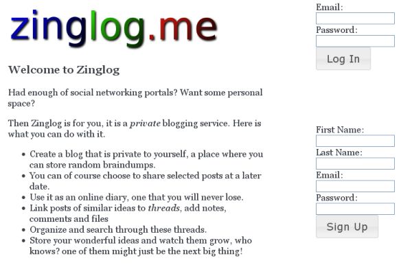 Zinglog, crea un blog personal y privado