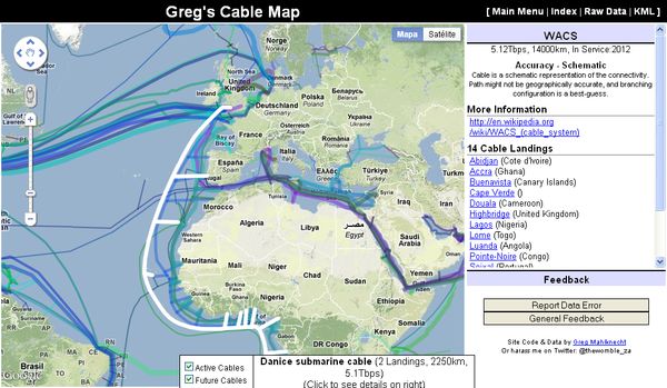 Greg's Cable Map, mashup de Google Maps que localiza el cableado submarino para transmisión de datos