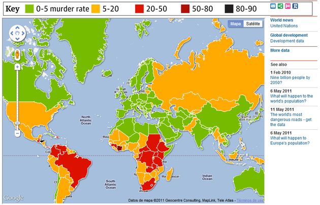 Un mapa con los porcentajes de criminalidad de todo el mundo