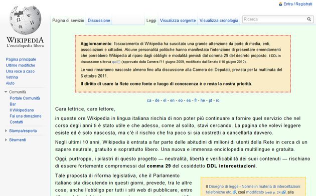 Wikipedia Italia cierra temporalmente como protesta contra el nuevo Proyecto de Ley