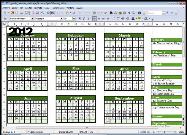 Una gran colección de calendarios del 2012 para descargar en formato doc