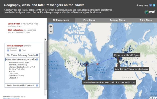 Un mapa de Google con la lista e historia de los pasajeros del Titanic