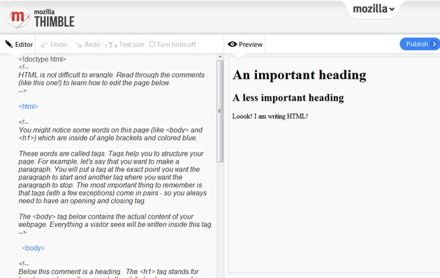 Thimble: editor online, de la fundación Mozilla, para practicar y aprender HTML