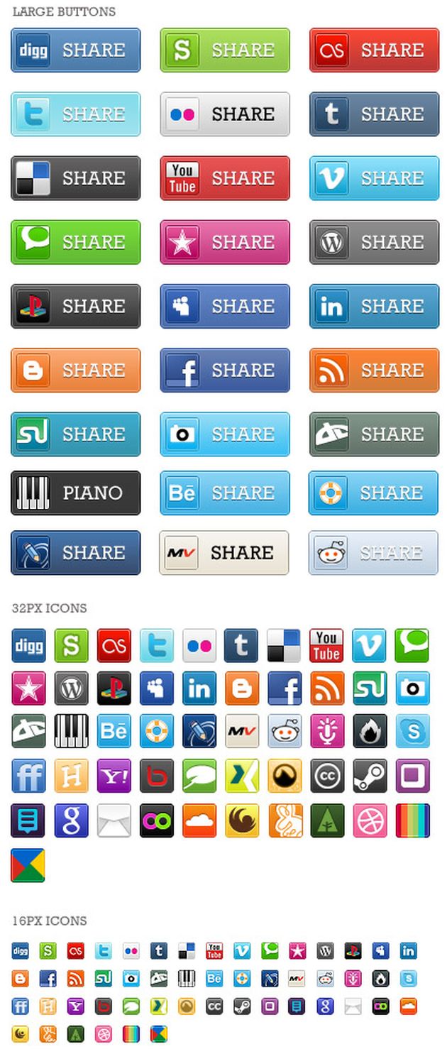 Gran colección gratuita de botones e iconos de las redes sociales más populares