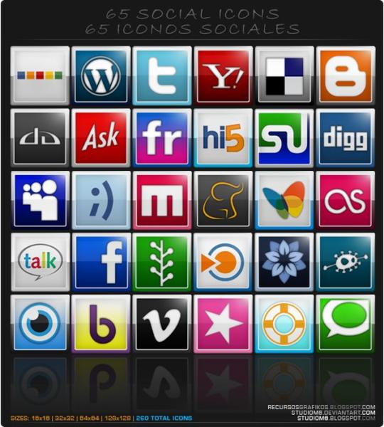 Pack con 65 coloristas y bellos iconos sociales gratuitos