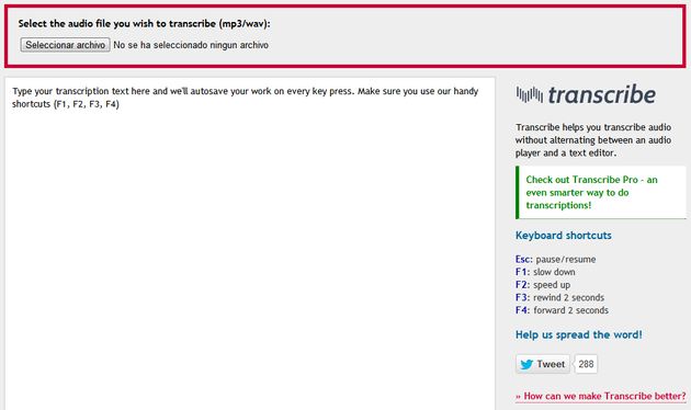 Transcribe, utilidad web con un editor de texto y un reproductor de audio para transcribir archivos de audio