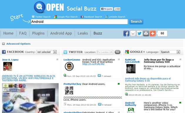 Social Buzz: buscador social en tiempo real con resultados de Facebook, Twitter y Google+