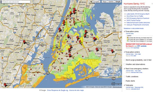 Hurricane Sandy: NYC, un mapa de Google para seguir al Huracán Sandy a su paso por Nueva York