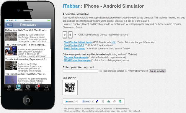 iTabbar, un simulador online de iPhone y Android para comprobar como se muestra tu sitio
