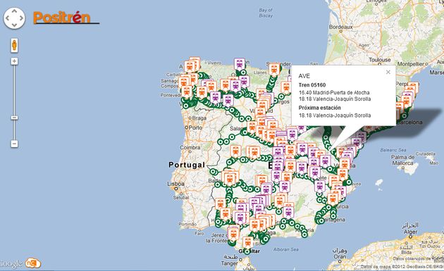 Positrén, un mashup de Google Maps que geolocaliza trenes sobre la geografía española