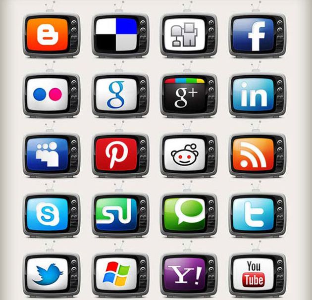 Television Social Media Icons Set, 20 iconos sociales gratuitos con forma de televisión