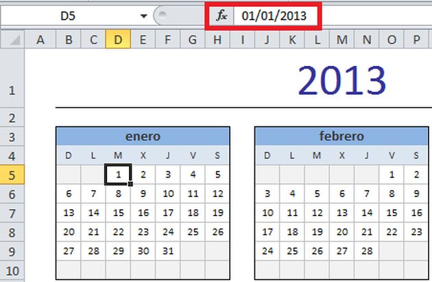 Varios formatos de calendarios para el 2013 en una hoja de Excel