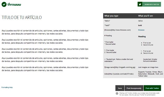 Throwww: crea fácilmente artículos, opiniones, notas u otros textos y compártelos
