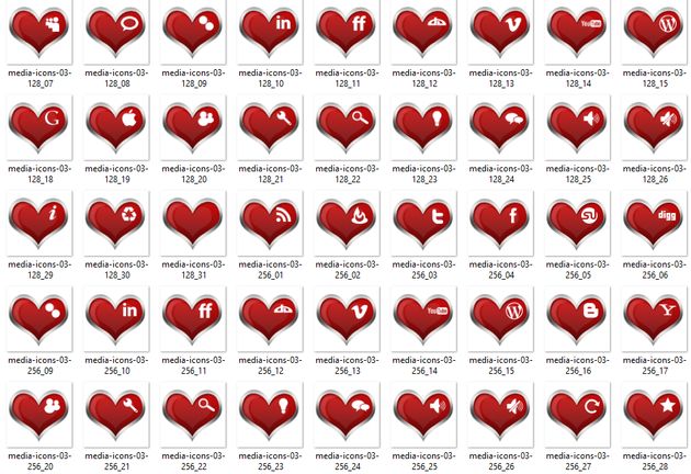 Pack gratuito de 30 bellos iconos sociales con forma de corazón en distintos formatos y tamaños