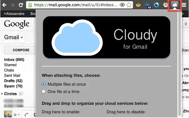 Cloudy for Gmail, adjunta archivos de redes sociales y servicios de almacenaje en tus correos de Gmail (Chrome)