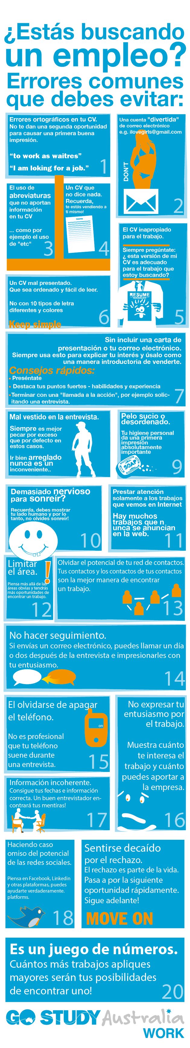 Una infografía en español que nos enseña 20 errores comunes en la búsqueda de empleo
