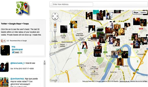 Twaps, una app online para ver tweets geolocalizados sobre Google Maps