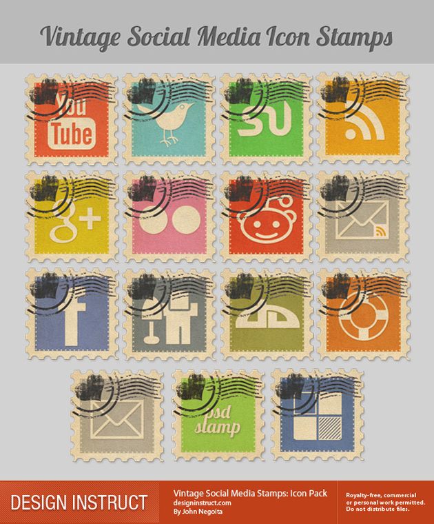 Vintage Social Media Stamps, bello pack de iconos sociales con forma de sello y estilo vintage