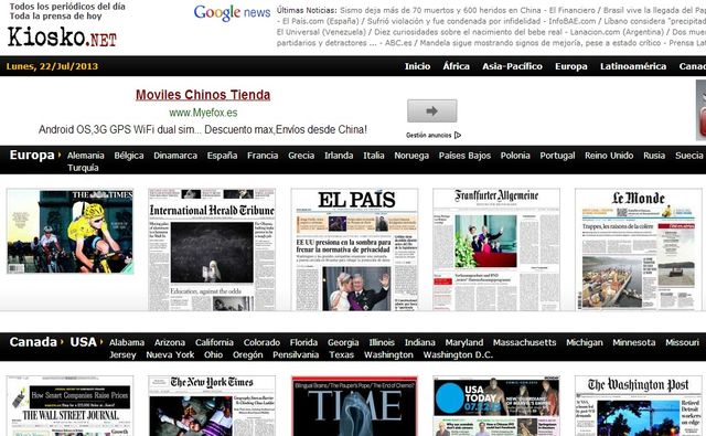 Kiosko, portadas de diarios de todos los países y continentes