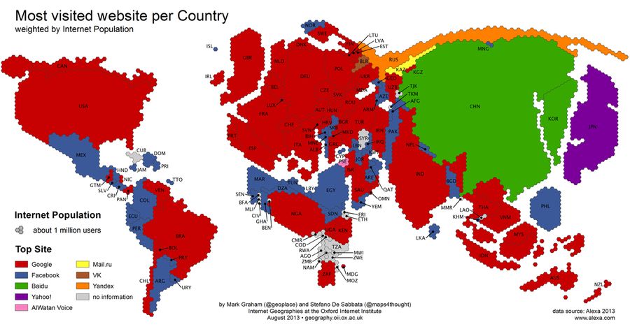 Las páginas más visitadas en cada país localizadas en un mapa