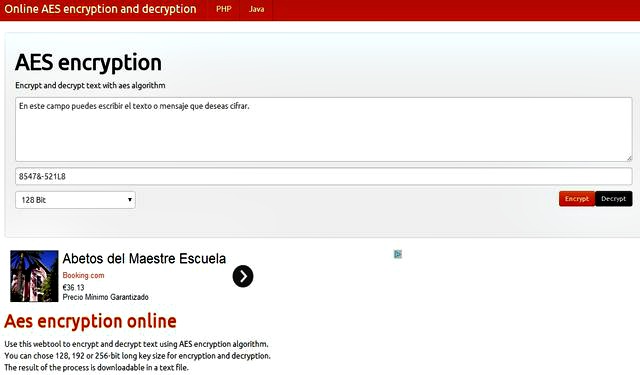 AES encryption, herramienta web para cifrar/descifrar textos