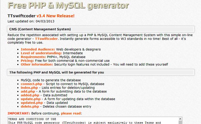 PHP & MySQL generator, crea bases de datos MySQL y genera los PHP