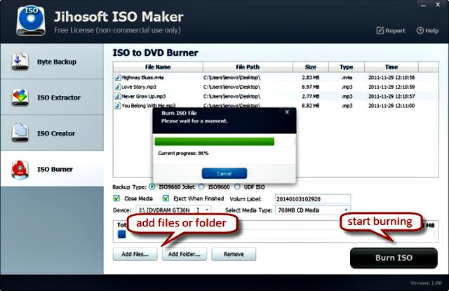 Jihosoft ISO Maker Free, soft gratis para trabajar con archivos ISO