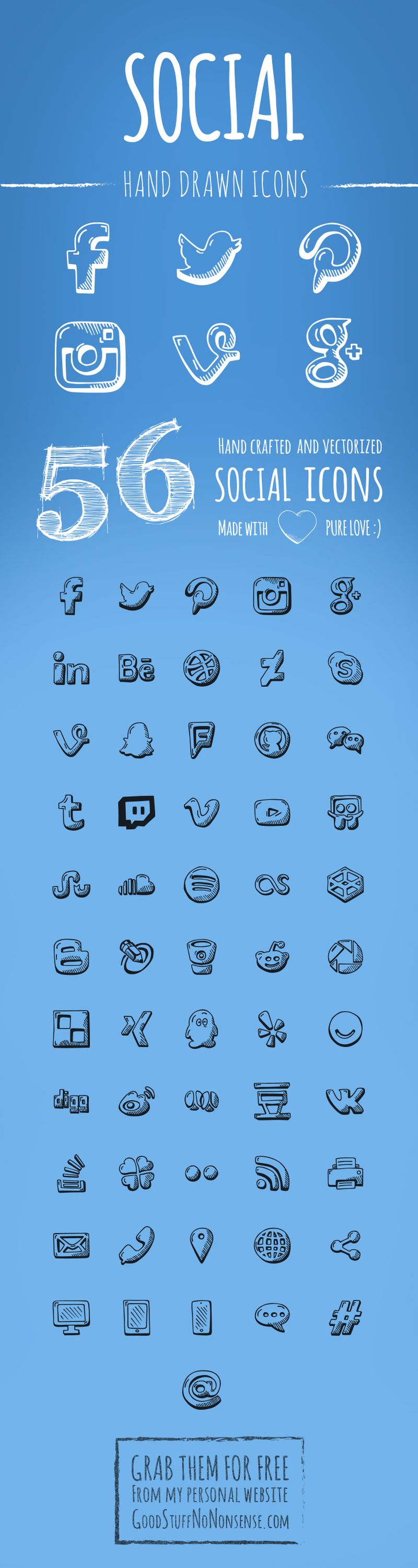 Excelente pack con 56 iconos sociales gratuitos dibujados a mano