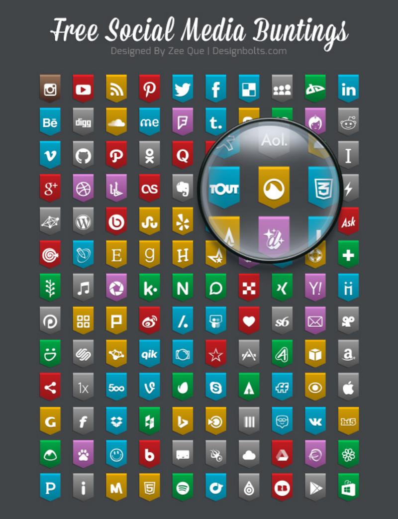 Social Media Bunting Icons 2015: 130 iconos sociales gratis