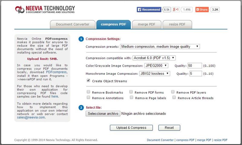 Neevia Online PDFcompress: comprime online y gratis documentos PDF