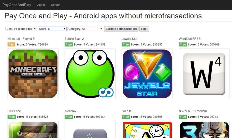 PayOnceAndPlay: página con los juegos Android sin compras in-app