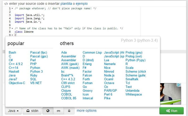 Ideone: editor en línea para más de 60 lenguajes de programación