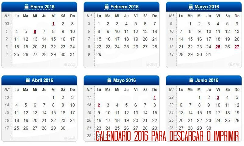 Calendario 2016 para descargar e imprimir