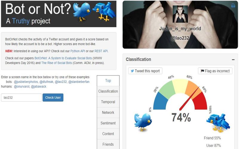BotOrNot: comprueba si una cuenta de Twitter es un bot