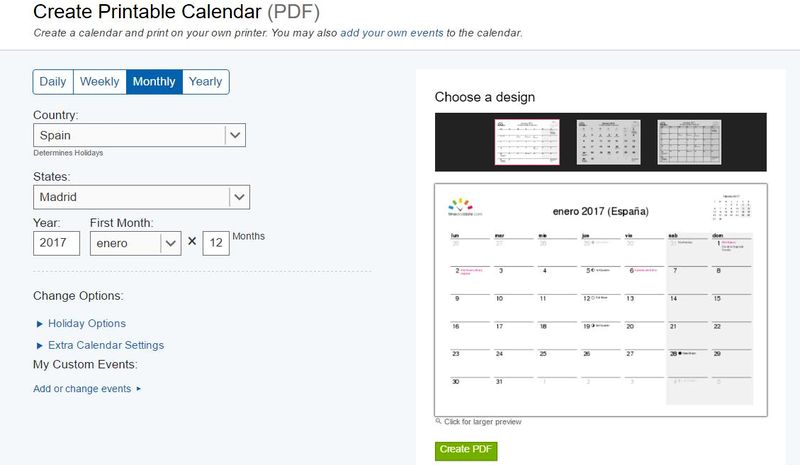 3 páginas gratis para generar tu Calendario 2017 para imprimir