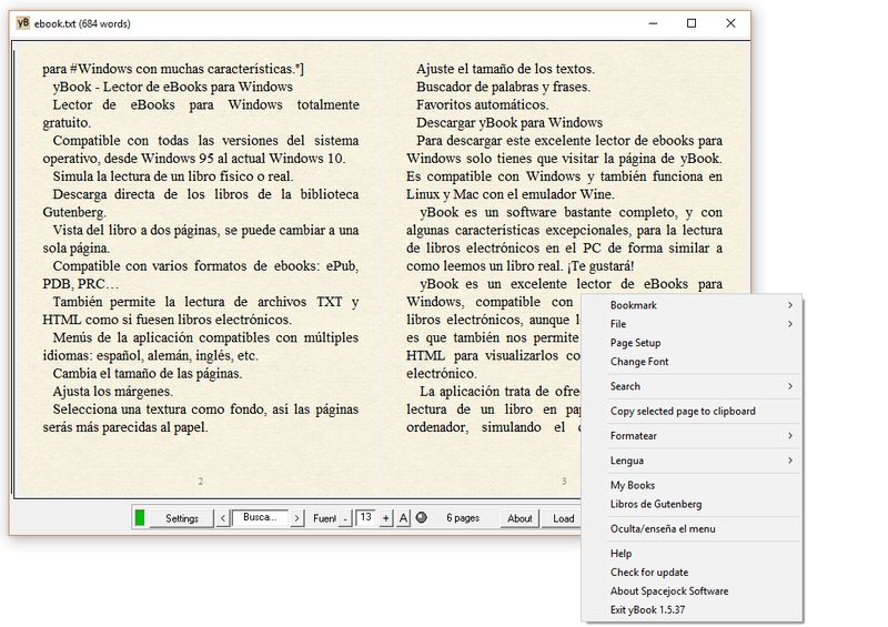 Lector de ebooks para Windows, también muestra texto plano como libros electrónicos