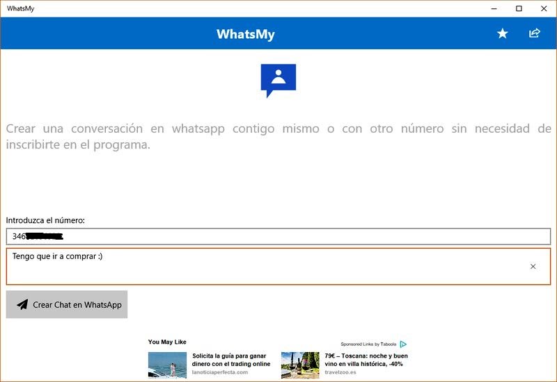 WhatsMy: app Windows 10 para enviar mensajes de WhatsApp a ti mismo
