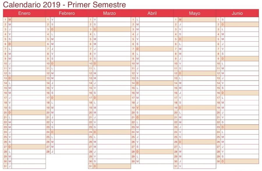 Calendario imprimible 2019