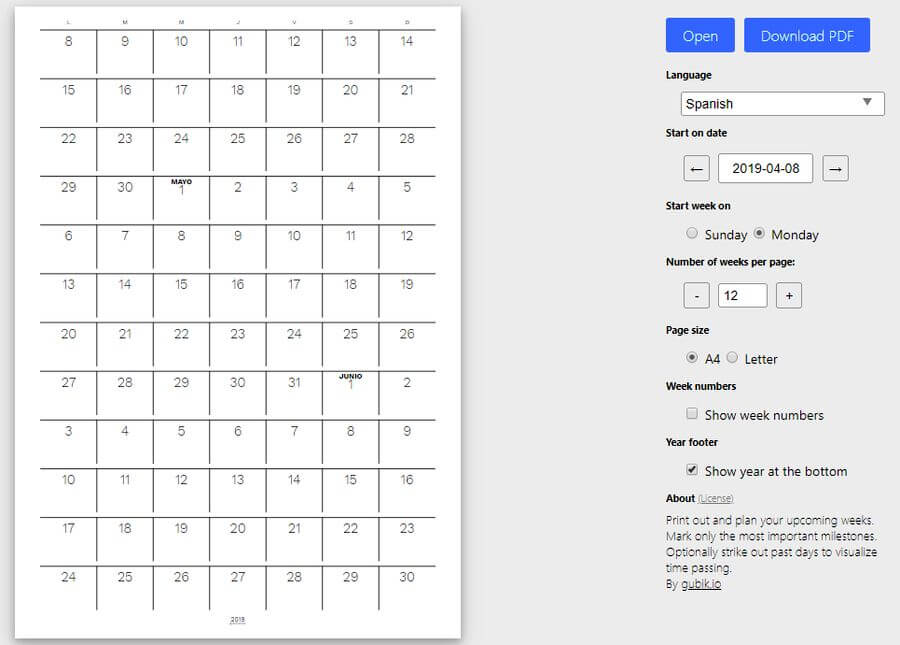 Crear calendarios imprimibles gratis