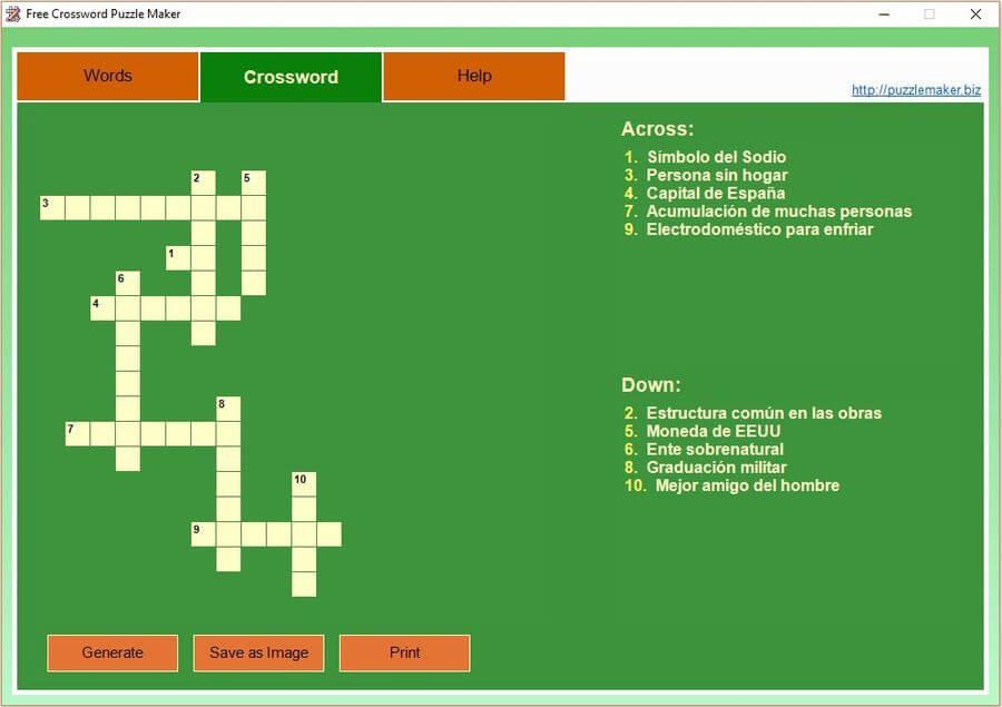 Crear crucigramas imprimibles gratis con Free Crossword Puzzle Maker