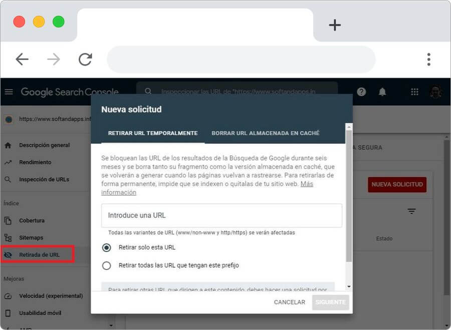 Retirada de URL disponible en Search Console