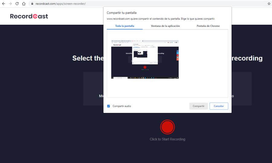 RecordCast: grabar el Escritorio gratis y sin instalar programas
